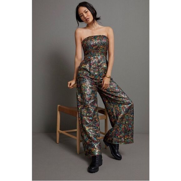 NEW Anthropologie Samantha Shimmer Pleated Strapless Wide Leg Jumpsuit Size 4 - Picture 1 of 5